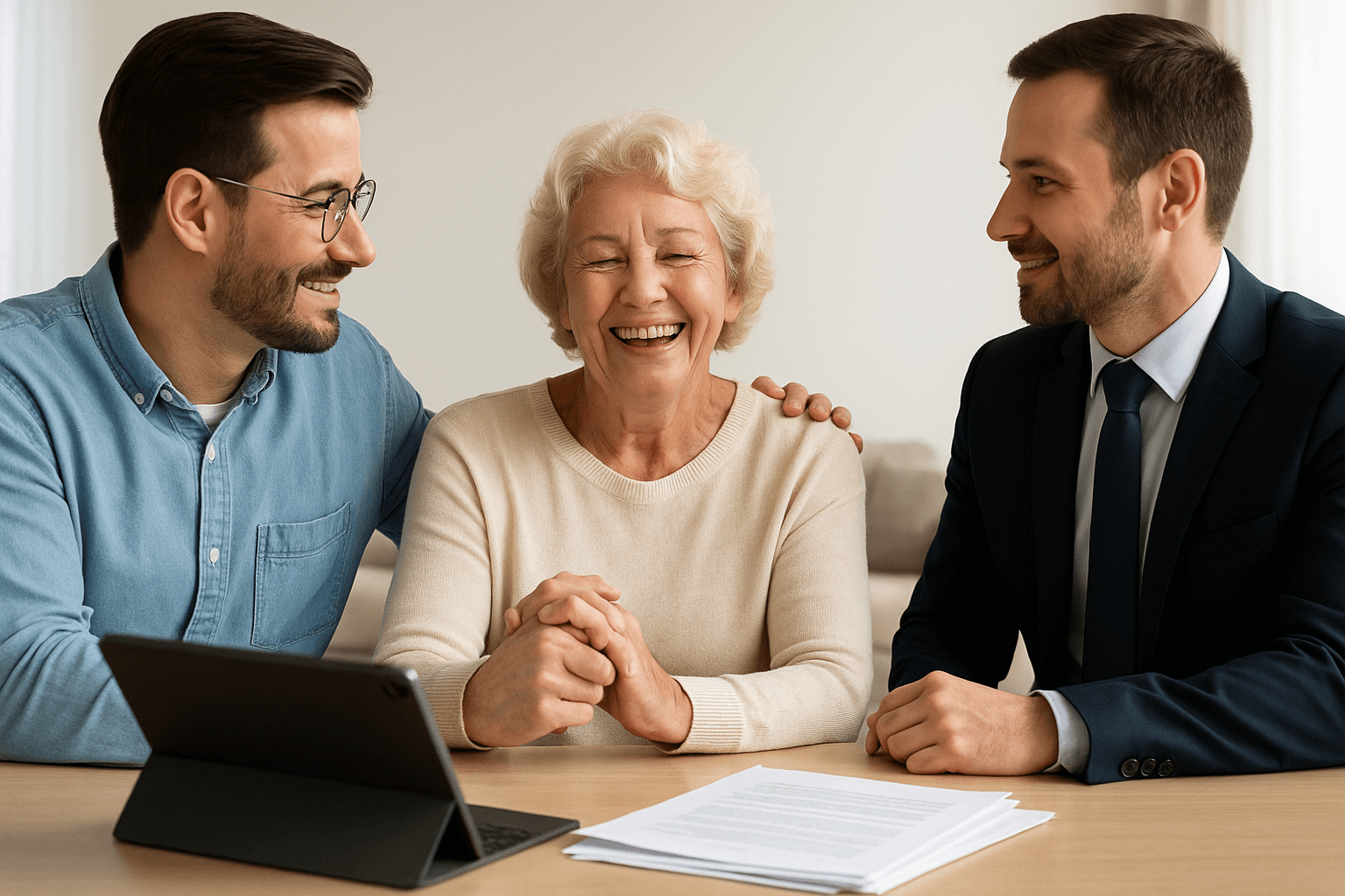 Viele Familien stehen vor der Herausforderung, Pflege und Zuschüsse richtig zu organisieren. Dieses Gespräch symbolisiert, wie einfach digitale Unterstützung und die passende Förderung eine massive Erleichterung bieten können: So sichern Sie sich die staatliche Förderung – und gewinnen Zeit für das, was wirklich zählt.