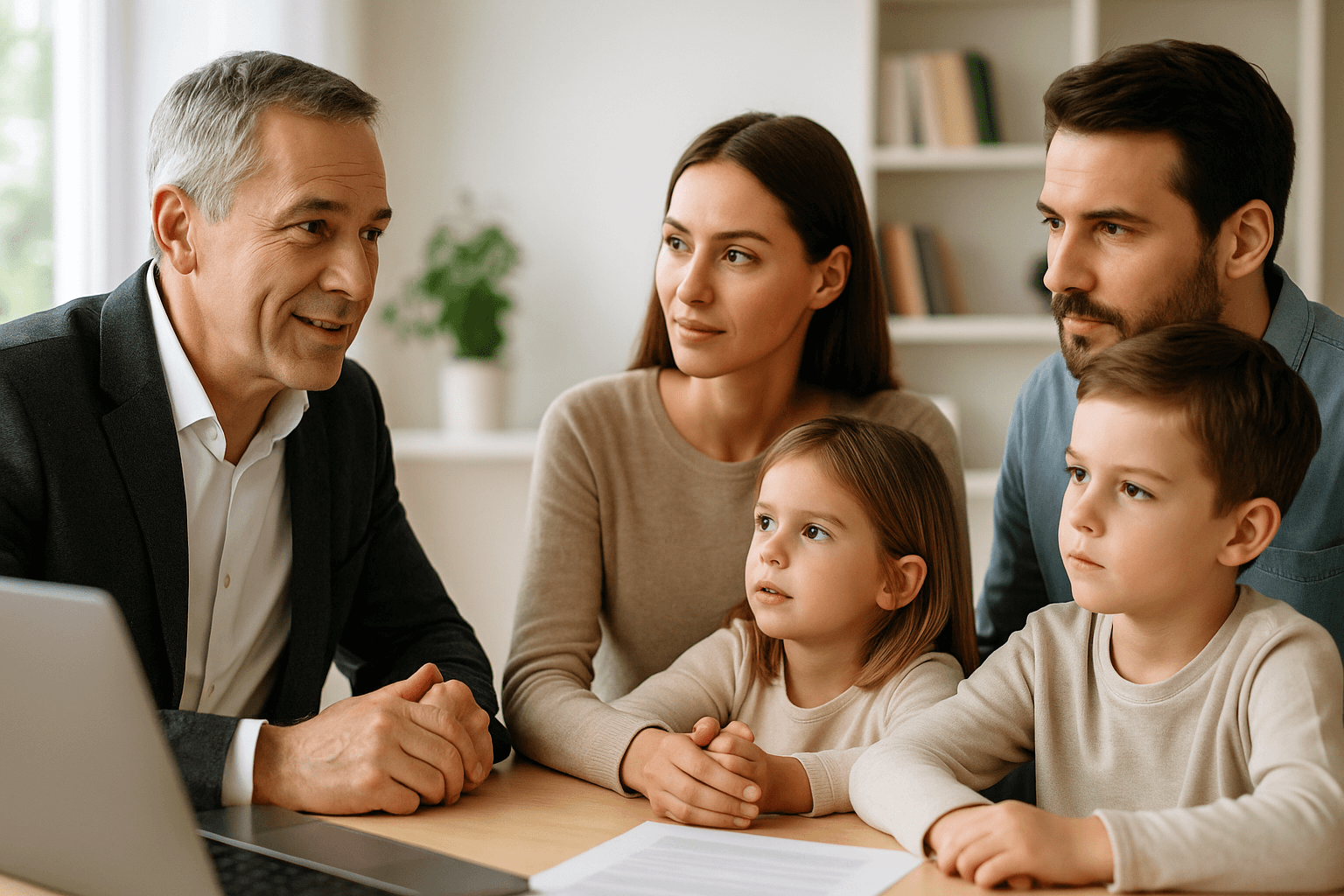 Ein erfahrener Experte berät eine Familie zur smarten Zahnzusatzlösung – denn mit vorausschauender Entscheidung sind Sie vor unerwarteten Kosten bestens geschützt. Vertrauen und Transparenz stehen dabei im Mittelpunkt, besonders wenn es um die gesundheitliche Sicherheit der ganzen Familie geht.